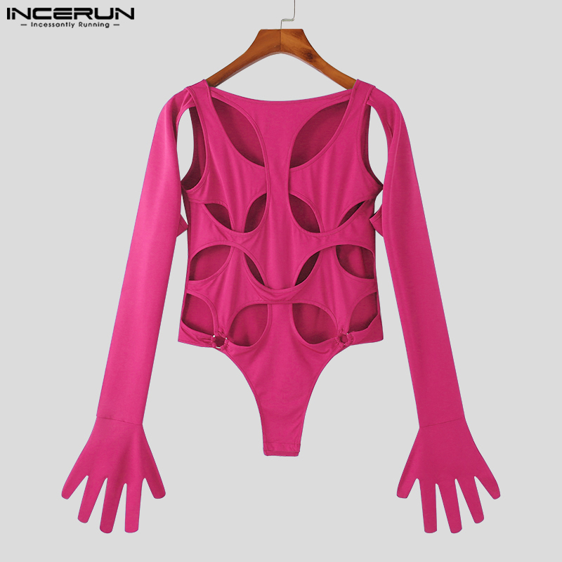 INCERUN Men Bodysuits Solid Color new Hollow Out Sexy O-neck 2025 Gloves Streetwear Long Sleeve Rompers 2023 Irregular Bodysuit S-5XL
