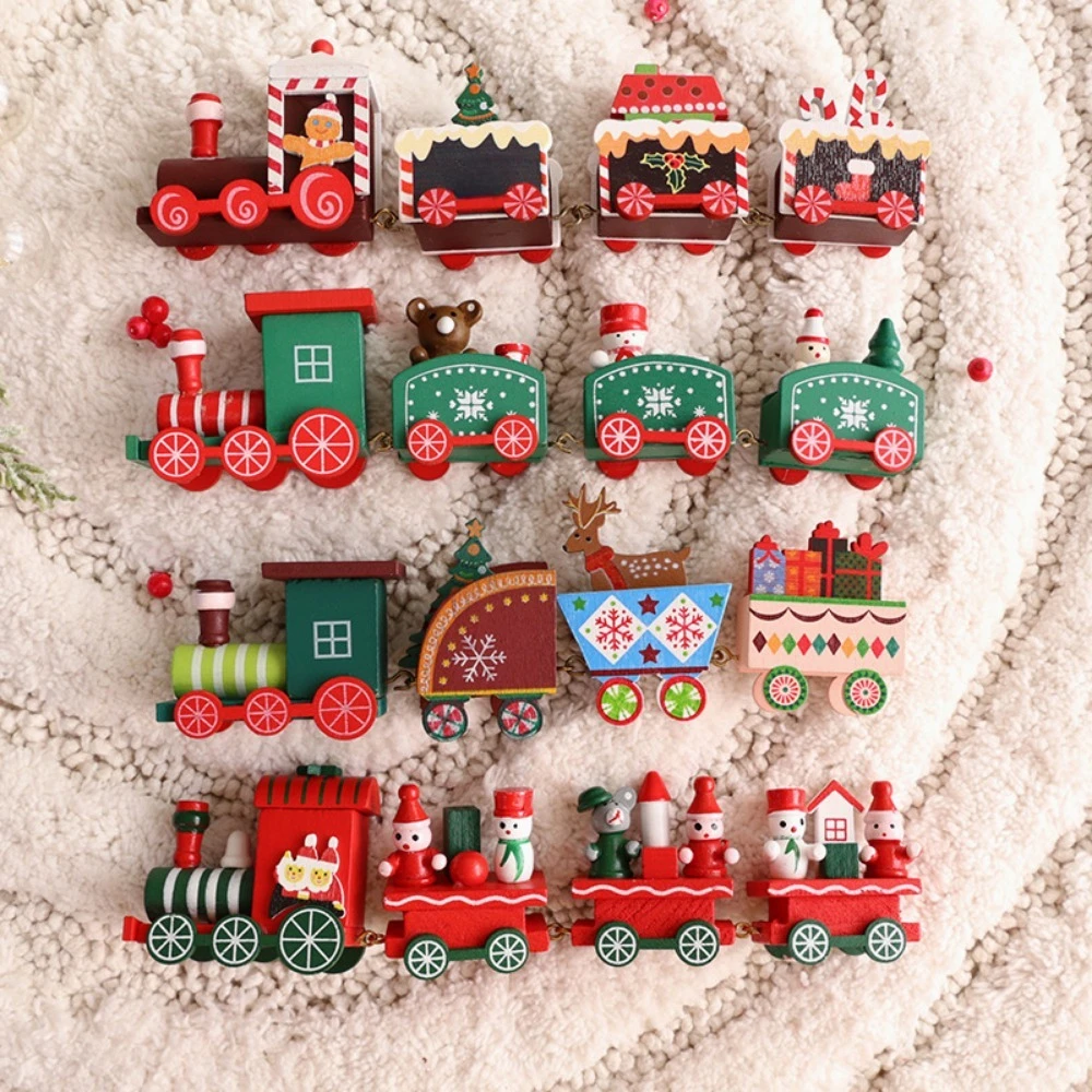 Wooden Christmas Train Ornament Baby Toys Cute Painted Toy Train with Santa Claus Snowman Crafts for New Year Xmas Kids Gifts