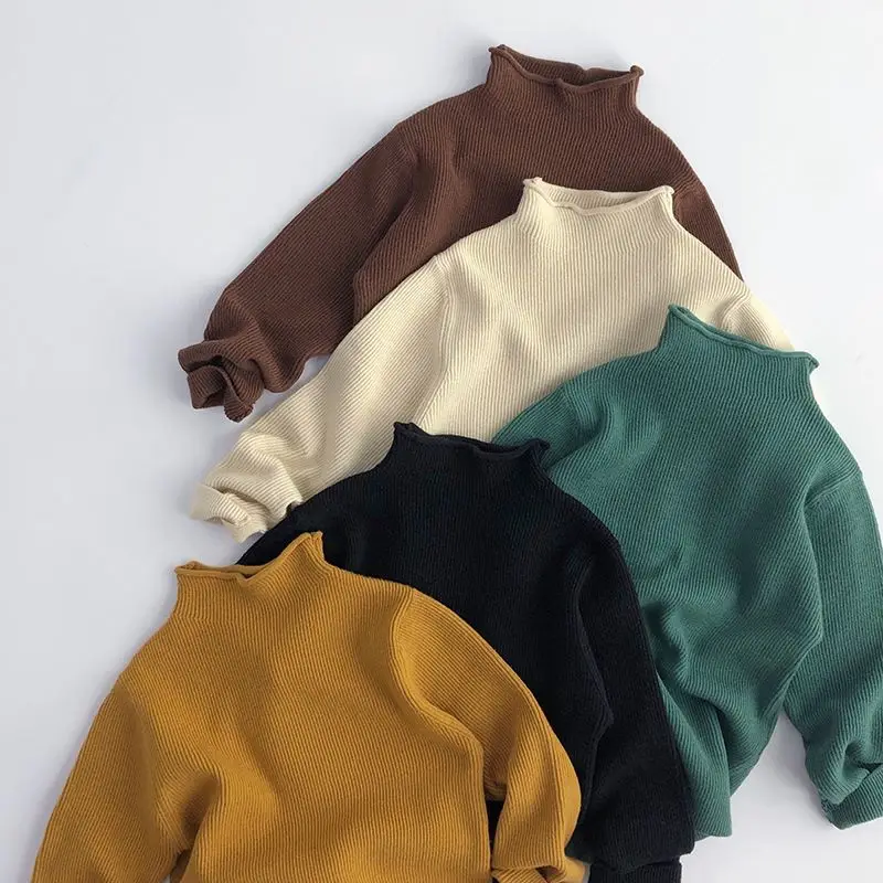 Autumn Spring Korean Style Long Sleeved Solid Color Knitted High Neck Bottom Shirt Baby Boys Girls Pullover Sweater
