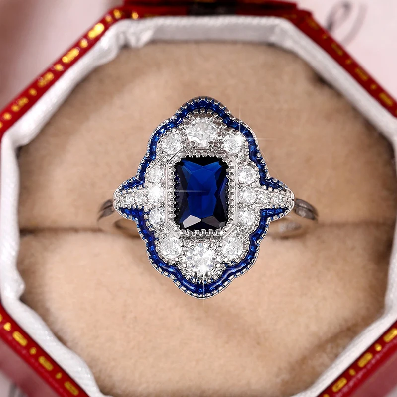 Huitan Retro Blue Rings Women Anniversary Evening Party Dazzling Cubic Zirconia Silver Color Elegant Lady's Ring Vintage Jewelry