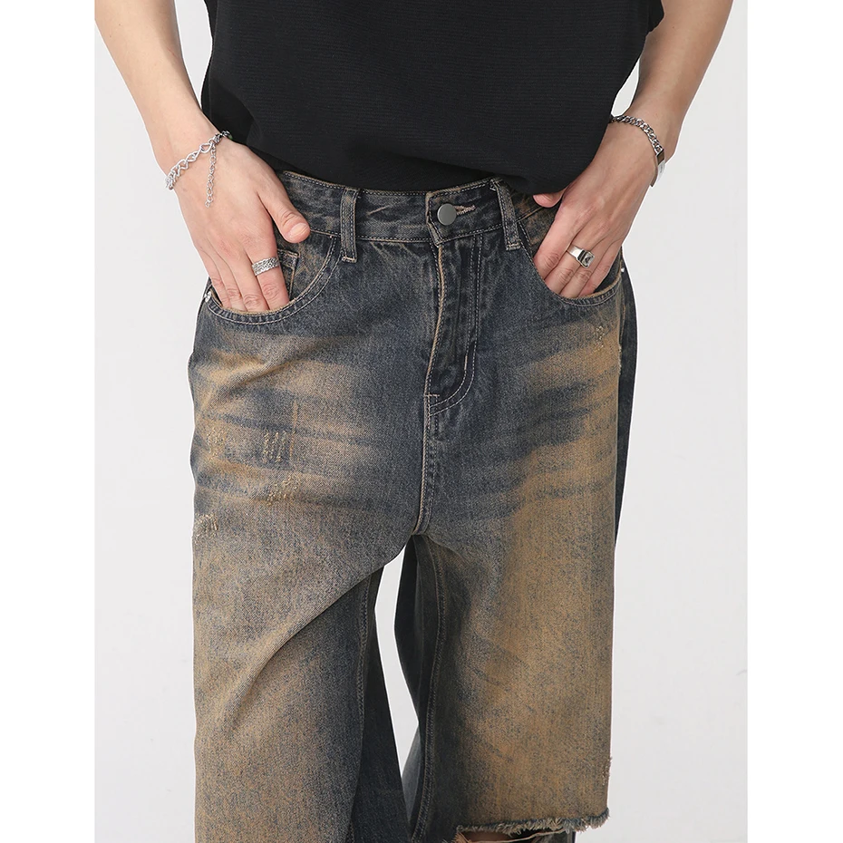 Ripped Vintage Jeans for Men Hip Hop Streetwear Baggy Denim Pants Harajuku Loose Blue Jeans