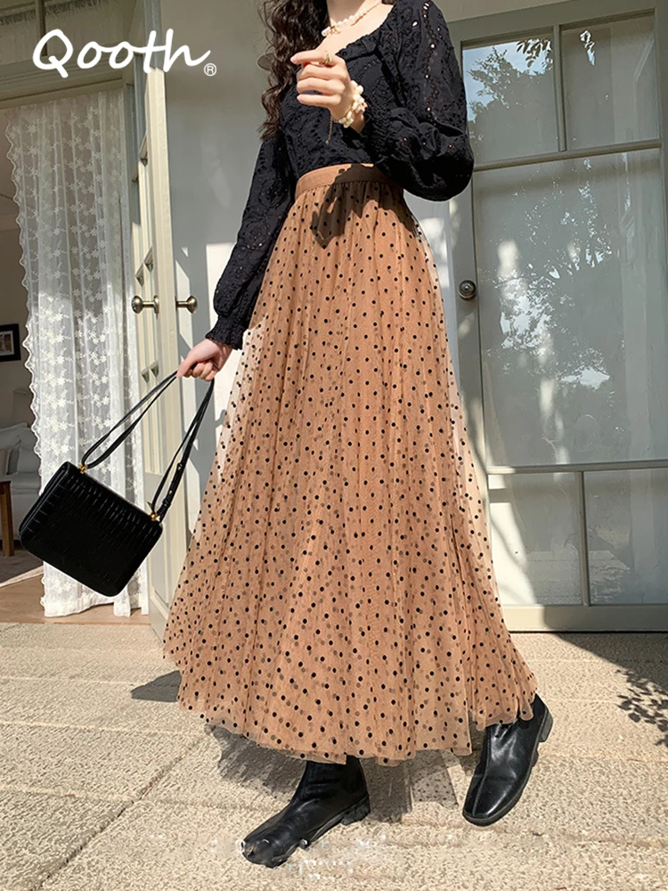 Qooth Women Polka Dot Mesh Skirt Elegant High Waist Long Tulle A-line Skirt For Autumn QT2078