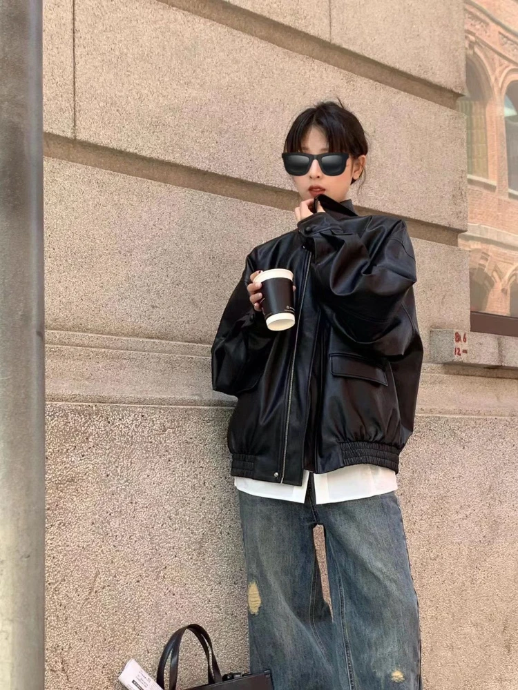 Deeptown Vintage PU Leather Jacket Women High Street Techwear Oversized Moto Biker Coats BF Punk Loose Casual Cropped Outerwear