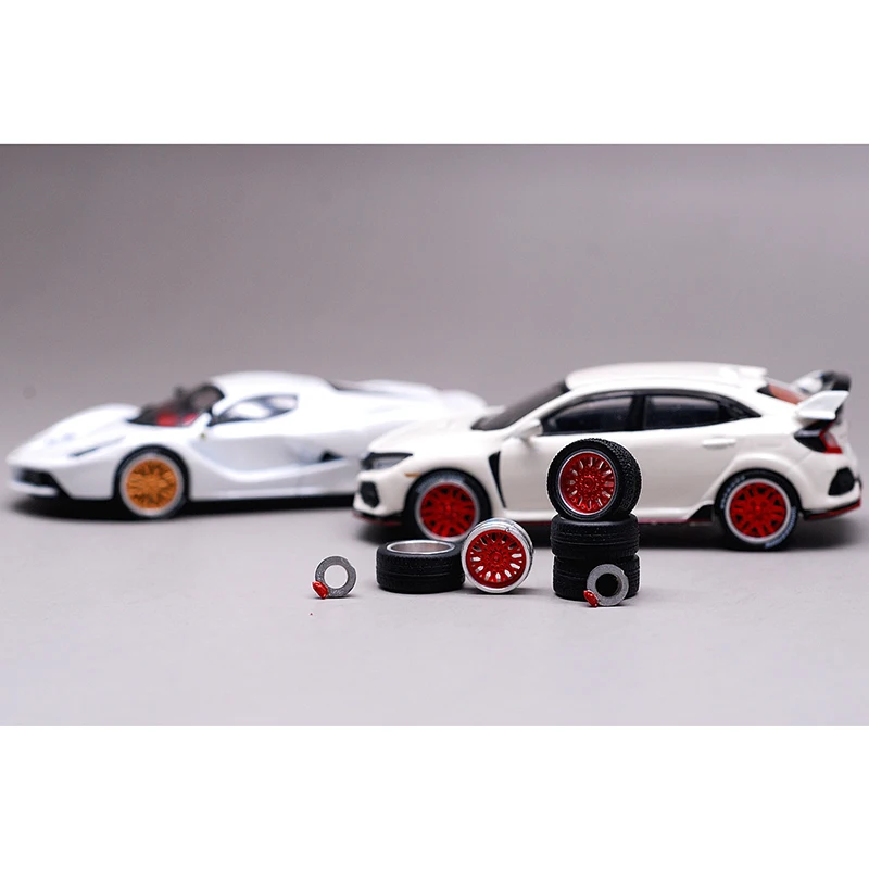 CM Model 1/64 Alloy Metal Wheels Rubber Tires Design Rims Replace Modified Parts JDM Style for Model Car Vehicle 4pcs Set Part 1