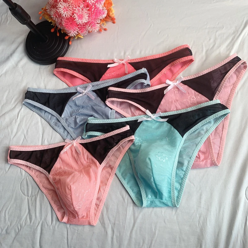 Men Sexy Briefs Sheer Bugle Pouch Underwear Panties Lace Ultra-Thin Low 2025 Rise new Jacquard Lingerie Soft Bownot Sissy Underpants