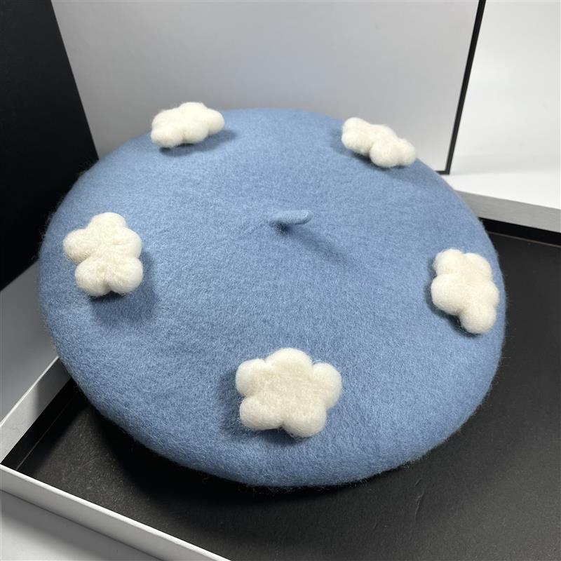 RH New Handmade new Cute White Clouds Wool Felt French Berets Spring Winter Artist Warm Painter Hats 2025 For Gift