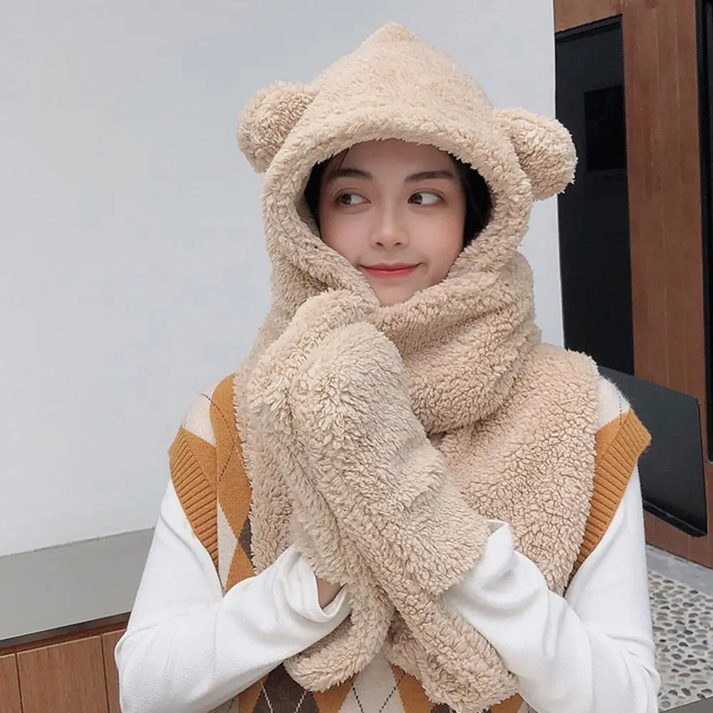 2023 Cute Bear Ear Hat Scarf Gloves Set Winter Women Beanies Caps Warm Casual Plush Hats 2025 new Casual Solid Fleece Girl Kawaii Gloves