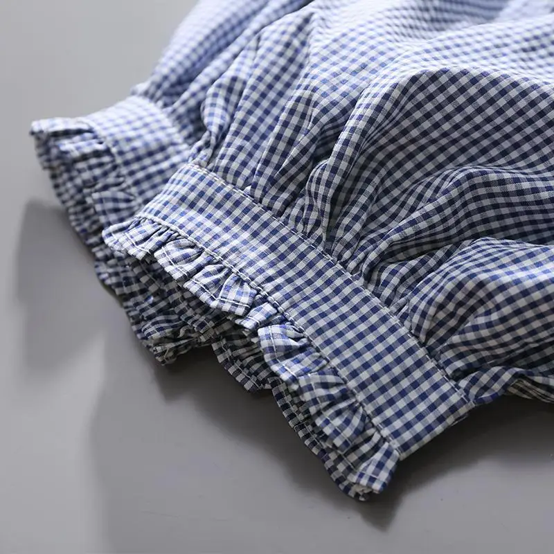 Women's Clothing Spring Summer 2023 Tops Vintage French Lantern Sleeve Elegant and new Youth Woman Blouses Lace 2025 Blue Plaid Shirt