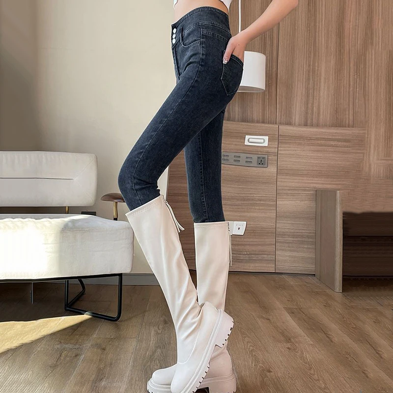 Korean Three Buttons Ankle-length Pencil Denim new Pants Female 2025 Classic High Waist Skinny Stretch Womens Jeans Elegant Denim Pants