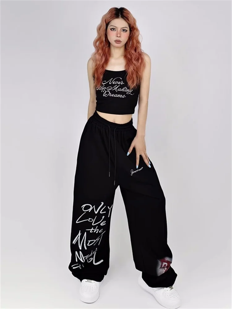 QWEEK Y2K Streetwear White Sweatpants Women Korean Style Letter Print Black Track Pants Oversized Harajuku Kpop Hip Hop Joggers