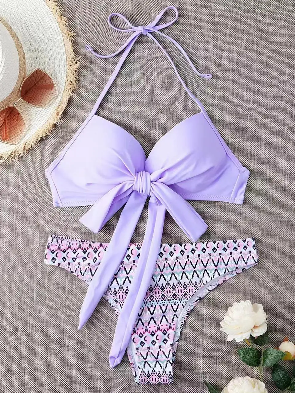 Halter Knot Front Bikini Set 2025 2023 Women Triangle Leaf Printed Swimsuit Sexy Swimwear Padded Bathing new Suit Female Strap Beachwear