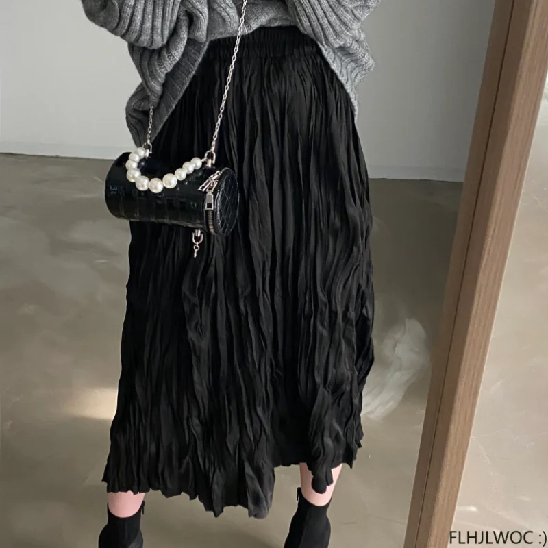 new 2023 Spring Hot Sales Women 2025 All-Match Cute Japan Chic Korea FLHJLWOC Elastic High Waist Black Long Maxi Skirts
