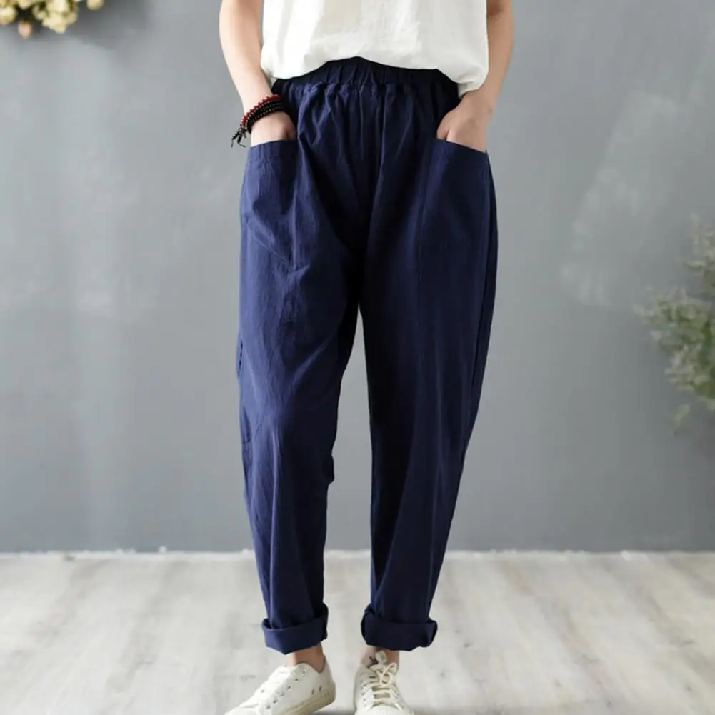 Women Pants Elastic Waist Loose-fitting Solid Color Ankle-length with Pocket new 2025 Decorative Flax Women Summer Wide Leg Pants