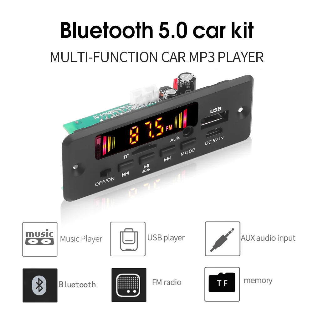 6W Amplifier 5V-32V 12V MP3 Decoder Board Handsfree Bluetooth V5.0 Car MP3 Player USB Recording Module FM AUX Radio For Speaker