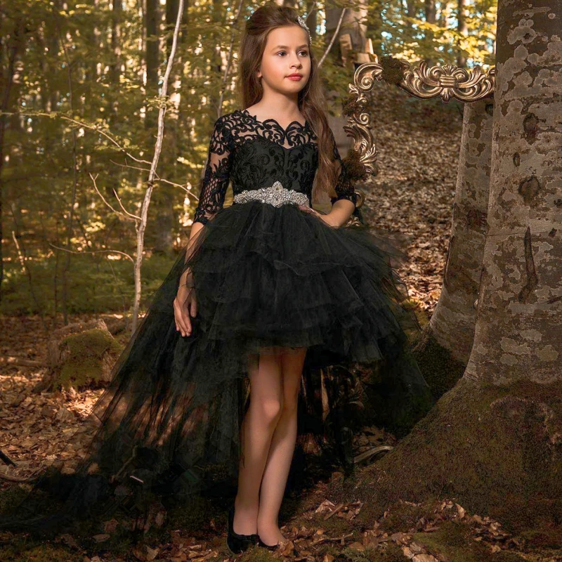 Black Long Sleeve Flower Girl Dresses For Wedding Crystal new Sash Beaded Lace Appliques Pageant Gowns For 2025 Girls Kids Gowns
