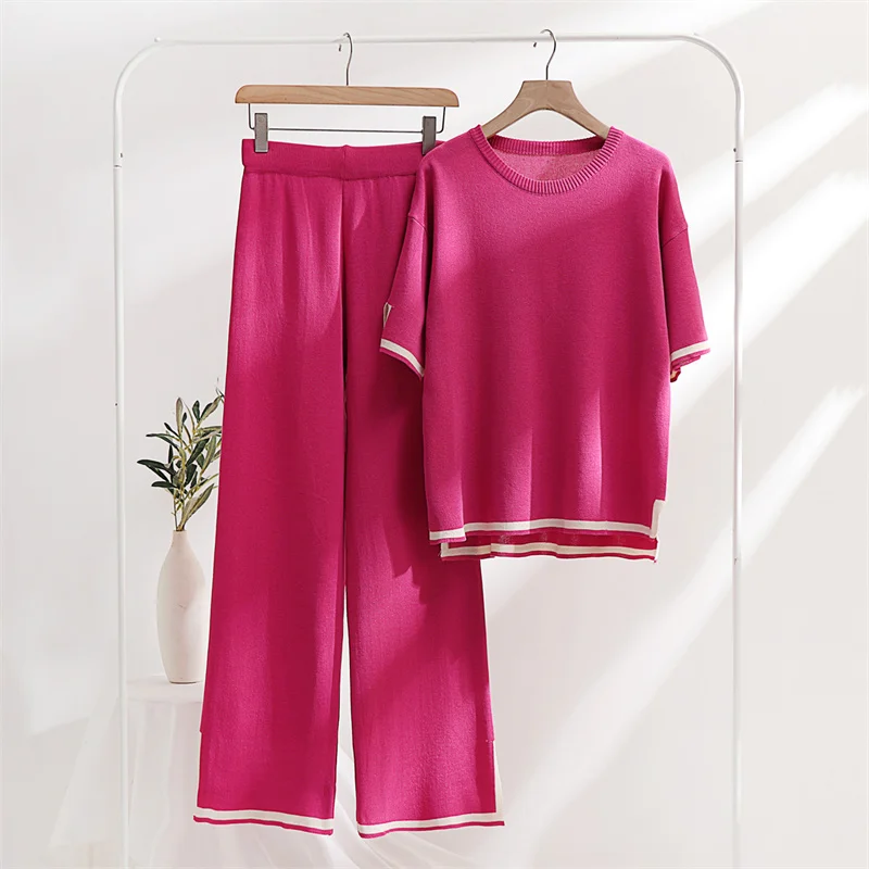 Two Piece Set 2025 Elegant new Pants Sets Ice Knitted Summer Outfits For Women 2023 Short Sleeve Pama Suit