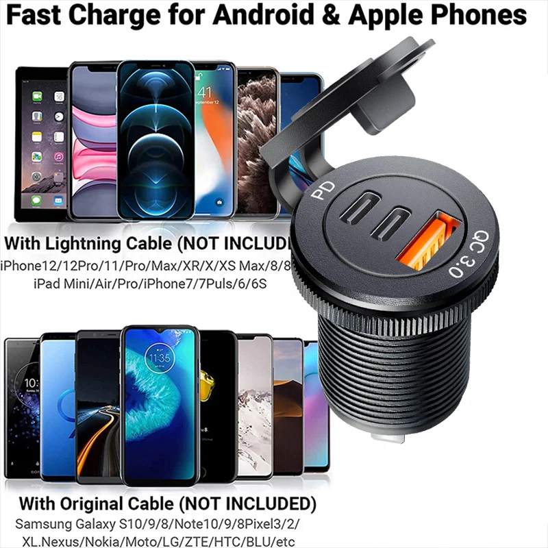 Usb outlet usb 3.0 socket 60W Type-c Outlet Fast Charging adapter for new 12V 24V Car Truck Motorcycle 2025 RV Marine Motorcycle