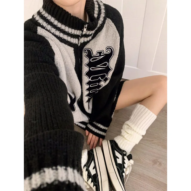 Deeptown Streetwear Y2k Zip Sweater Cardigan Women Retro 2025 Grey Striped Patchwork new Oversize Letter Jumper Korean Style Knitted Top