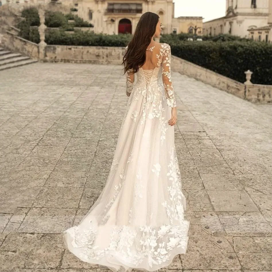 Elegant Sweetheart Wedding Dresses 2024 Lace A-Line Long Sleeve Bridal Gown Applique new Tulle 2025 Vestidos De Novia Lace-Up Sweep Train