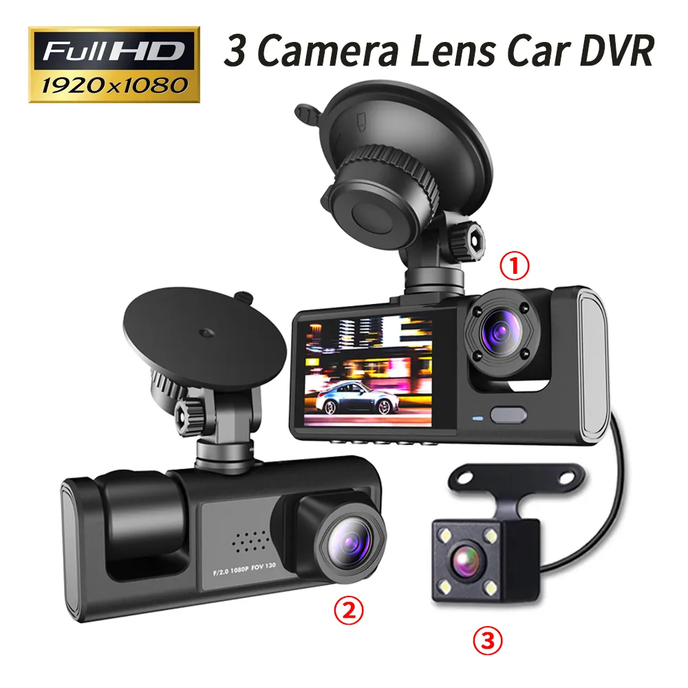 3 Channel new Car DVR HD 1080P 3-Lens Inside Vehicle Dash CamThree Way Camera DVRs 2025 Recorder Video Registrator Dashcam Camcorder