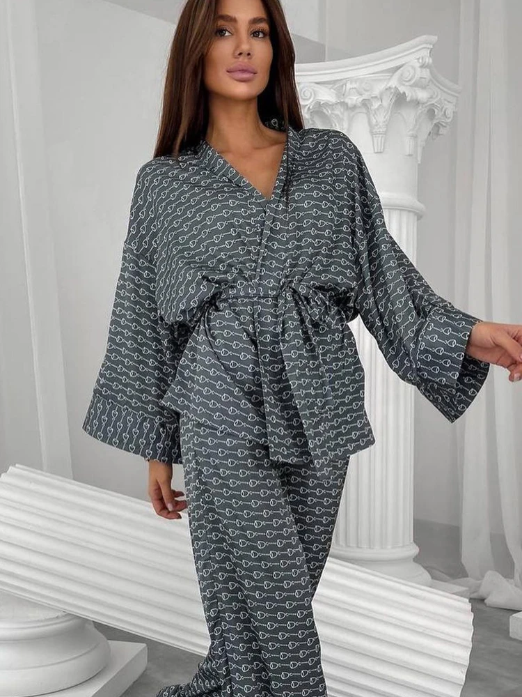Linad Print Women's new Home 2025 Clothes 2 Piece Sets Loose Three Quarter Sleeve Sleepwear Female Casual Trouser Suits Spring 2023