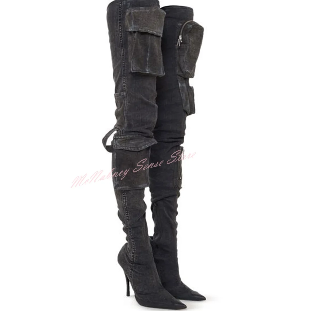 Denim Pocket Straps Boots Pointy Toe Stiletto Heels Solid Thigh High Boots Side Zipper Women Sexy Style Shoes Winter Runway New