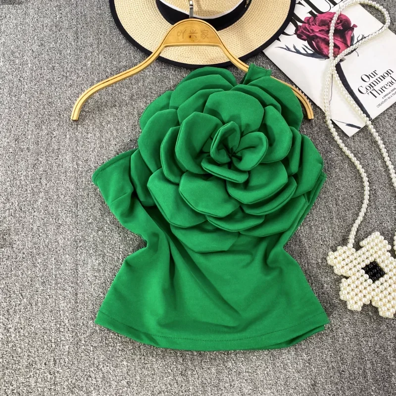 Neploe Sexy Spicy Girl 3D Large Flower Oblique Collar One Shoulder Camisole 2024 Female Korean Slimming Open Back Outwear Tops