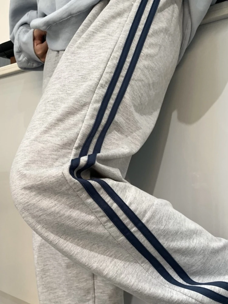 HOUZHOU Casual Sweatpants Women Korean Style Classic Sports Pants Oversize Summer Joggers Baggy Gray Black Striped Wide Trousers