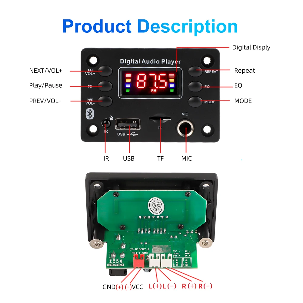2*25W 50W Amplifier 12V Handsfree Bluetooth MP3 Decoder Board DIY Audio Home Digital Microphone USB TF FM Radio For Car Speaker
