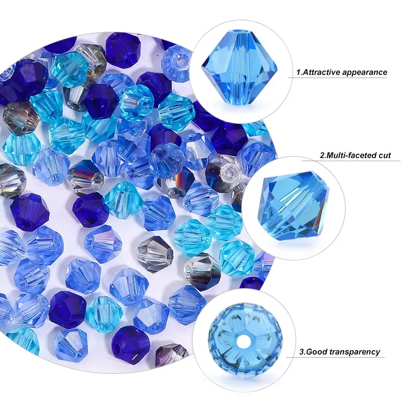 100Pcs 4MM Glass Beads Bicone Shaped Beads Faceted Crystal Beads for for Jewelry Making Bracelet Nacklace Earrings DIY Beading