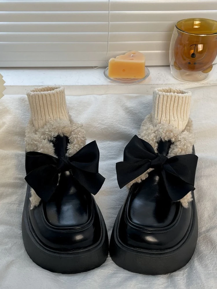 Winter Japanese Sweet Platform Shoes Women Warm Bow Vintage Kawaii new 2025 Plush Shoes Female Pure Color Casual Comfortable Shoes 2023