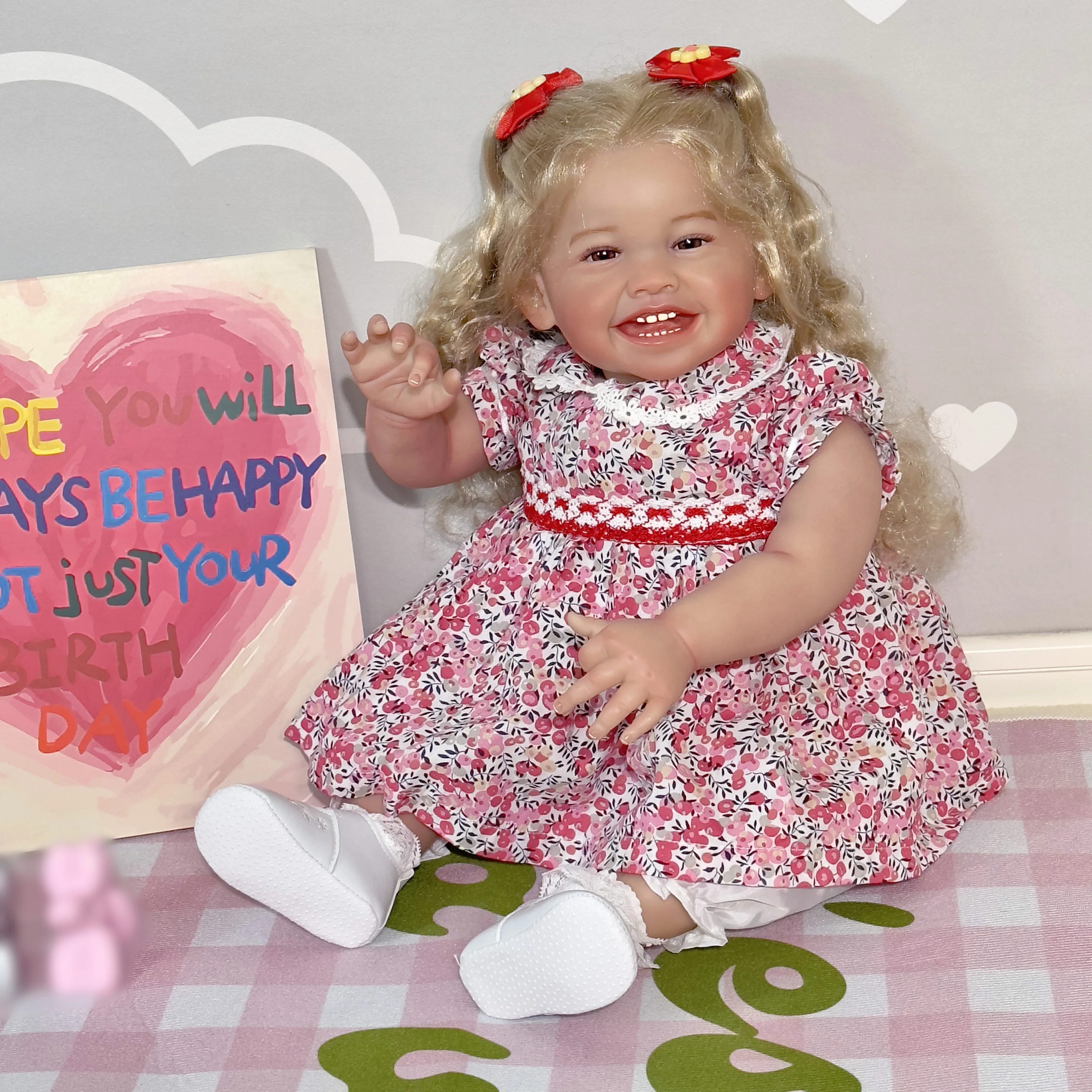24inch Mila Reborn Toddler Happy Baby with Rooted Long Hair Lifelike 6month Baby Size Collectible Art Doll