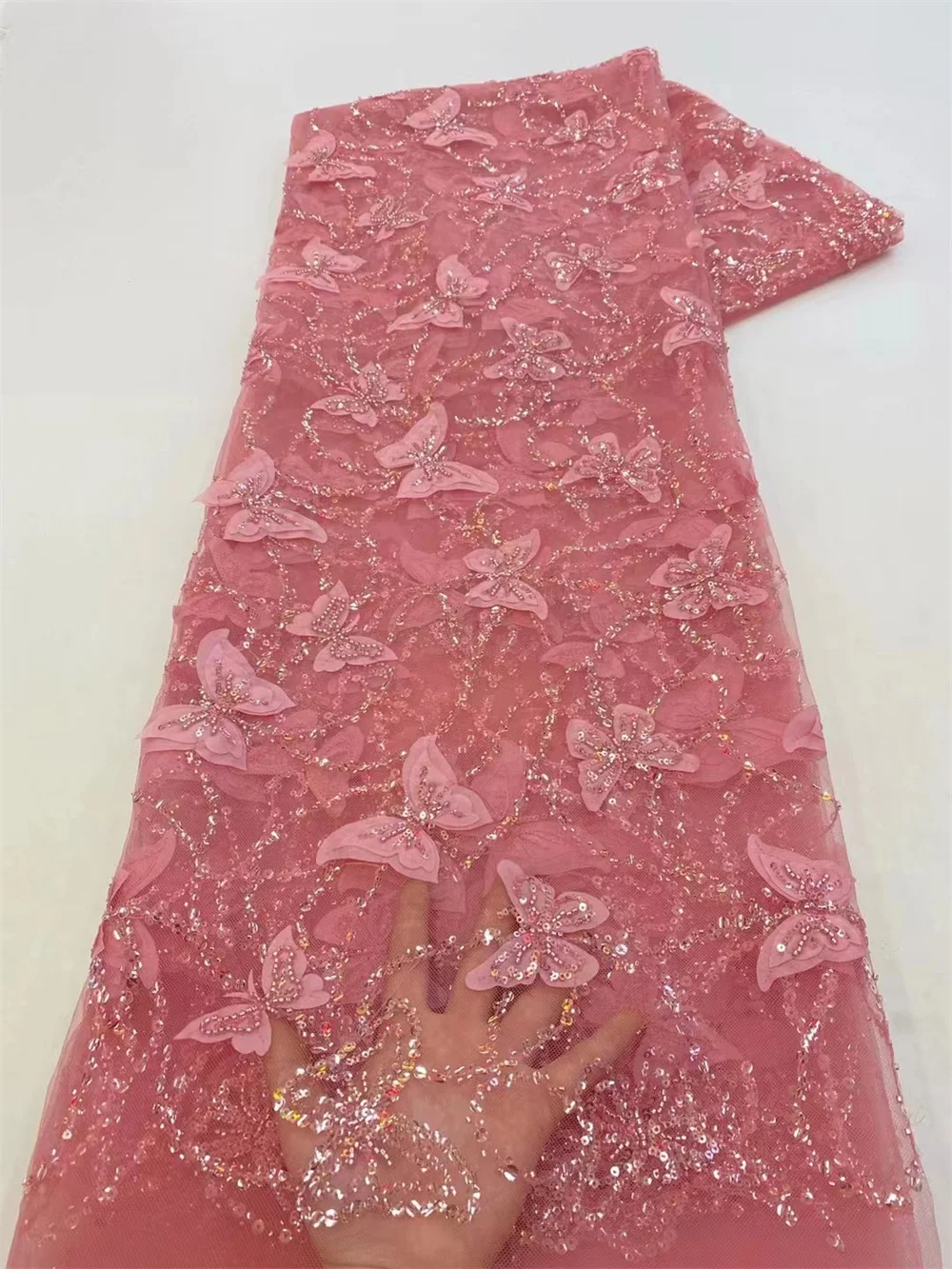 2023 Luxury 3D Lace Fabric Dubai Hand Beaded Tulle Lace Fabric Embroidered Applique African Nigerian Fabric For Sewing
