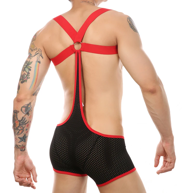 CLEVER-MENMODE Men's Sexy Openwork Mesh Boxer Shorts Jumpsuit Elastic Strap Body Tights Lingerie Sissy Bondage Costume Adult 18+