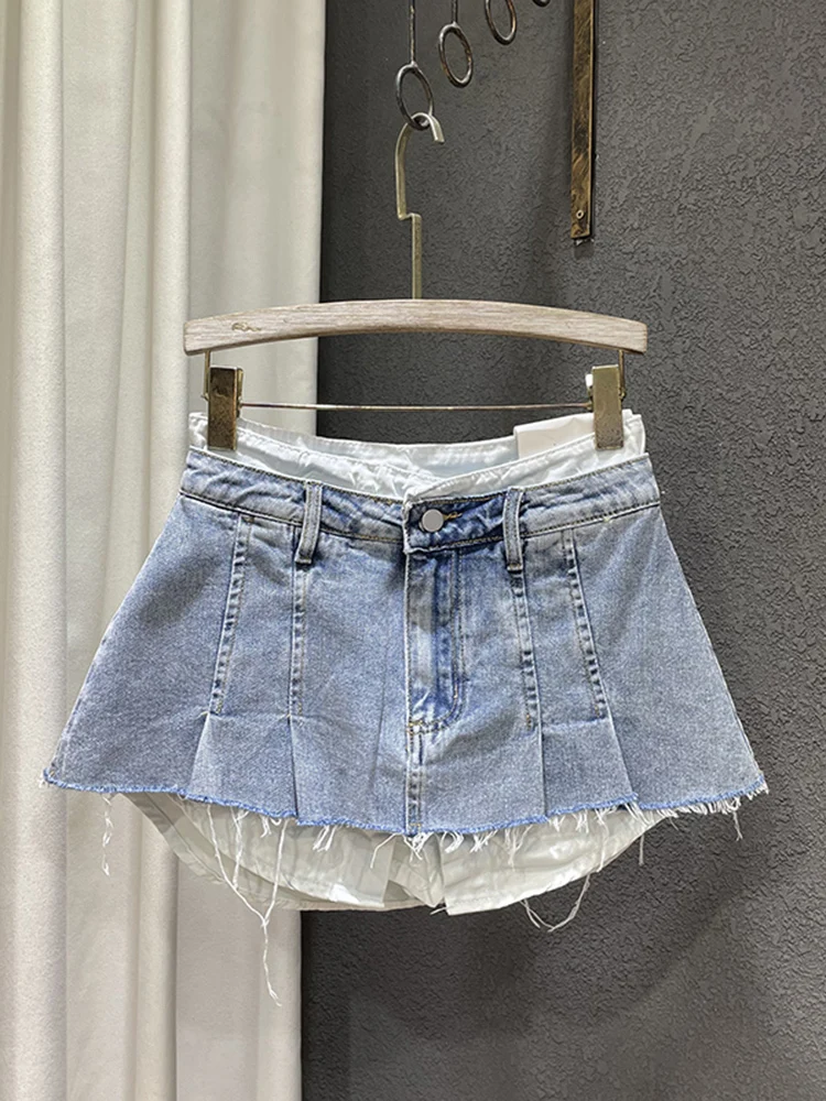 DEAT Trend Contrast Color Patchwork Denim Skirt Women Hem Burrs High Waist Loose Wrap Hip 2025 Skirts new Female 2024 Spring New 11XX1592