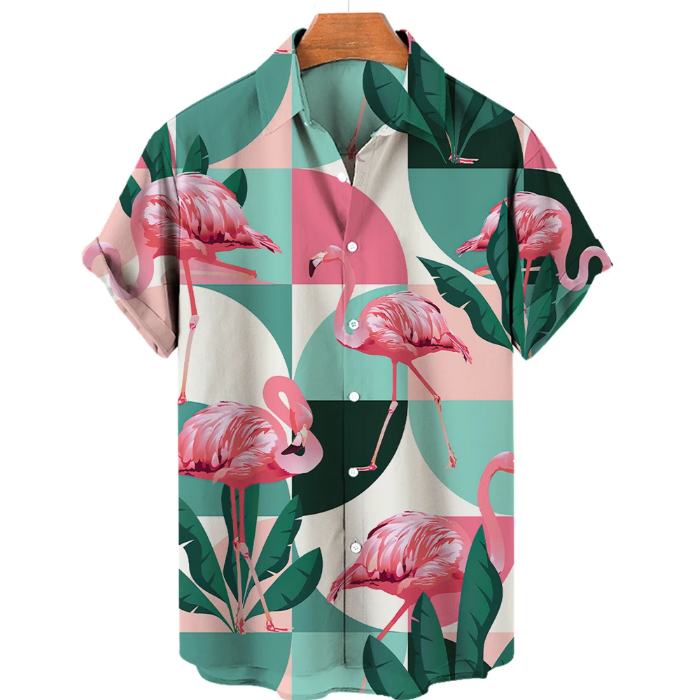 3D flamingo print men's shirt Hawaii loose breathable new 2025 casual short-sleeve beach holiday