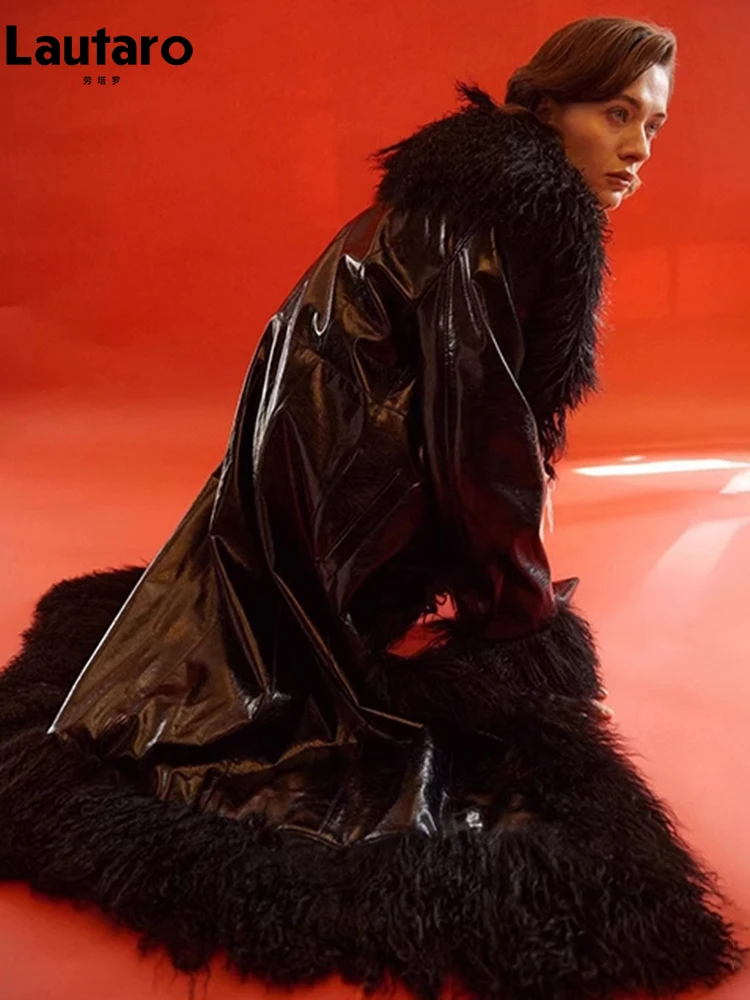 Lautaro Spring Autumn Long Black Shiny Patent Pu Leather Coat Women with Faux Fur Trim Luxury Designer Clothing European Fashion
