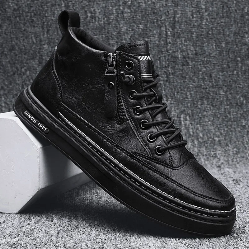 Leather Spring High Casual for Men Trend Zipper Walk Flats Winter Shoes Vulcanized Ankle Boots New atillas