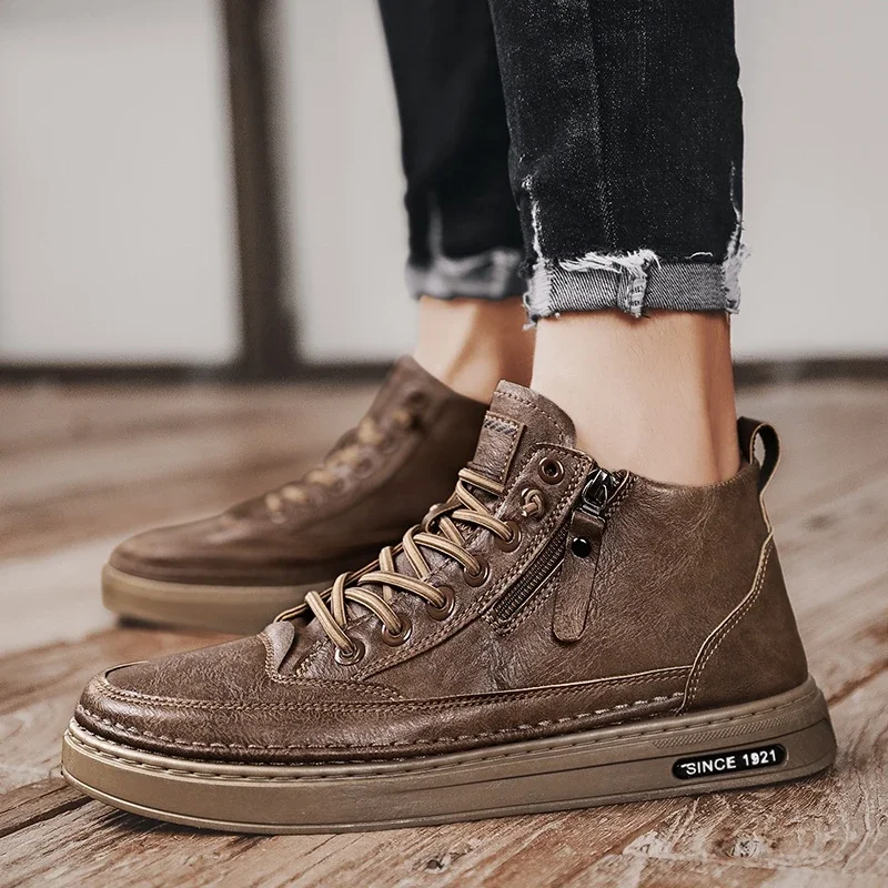 Leather Spring High Casual for Men Trend Zipper Walk Flats Winter Shoes Vulcanized Ankle Boots New atillas