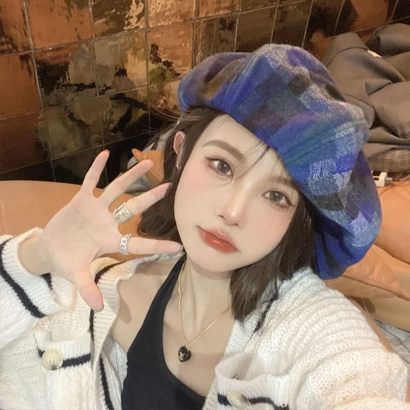Women's Large Blue Beret Niche Exaggerated Tweed Painter Hat Tie-dye new Color 2025 Contrast Personality Japanese Oversized Cloud Hat