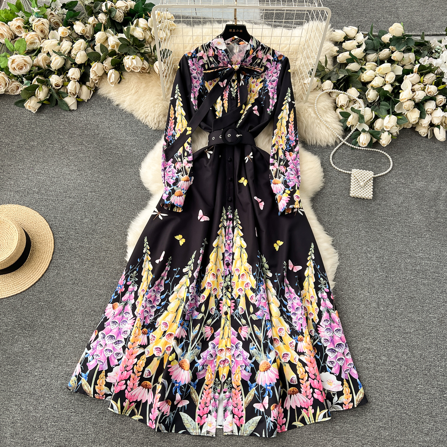 Basic Casual Dresses 2024 Summer Holiday Lavender Flower Dress Women Bow Collar Long Sleeve Floral Print Belt Single Breasted Belt Long