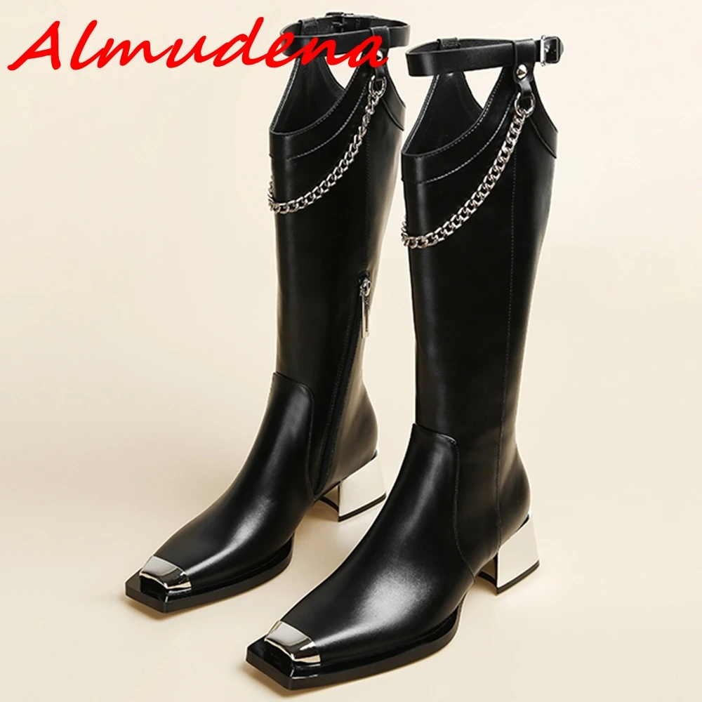 2024 Autumn Winter Chain Black Knee High Boots Metal Toe Sexy Side Zipper Bling Chunky Heels All-Match Casual Party Women Boots