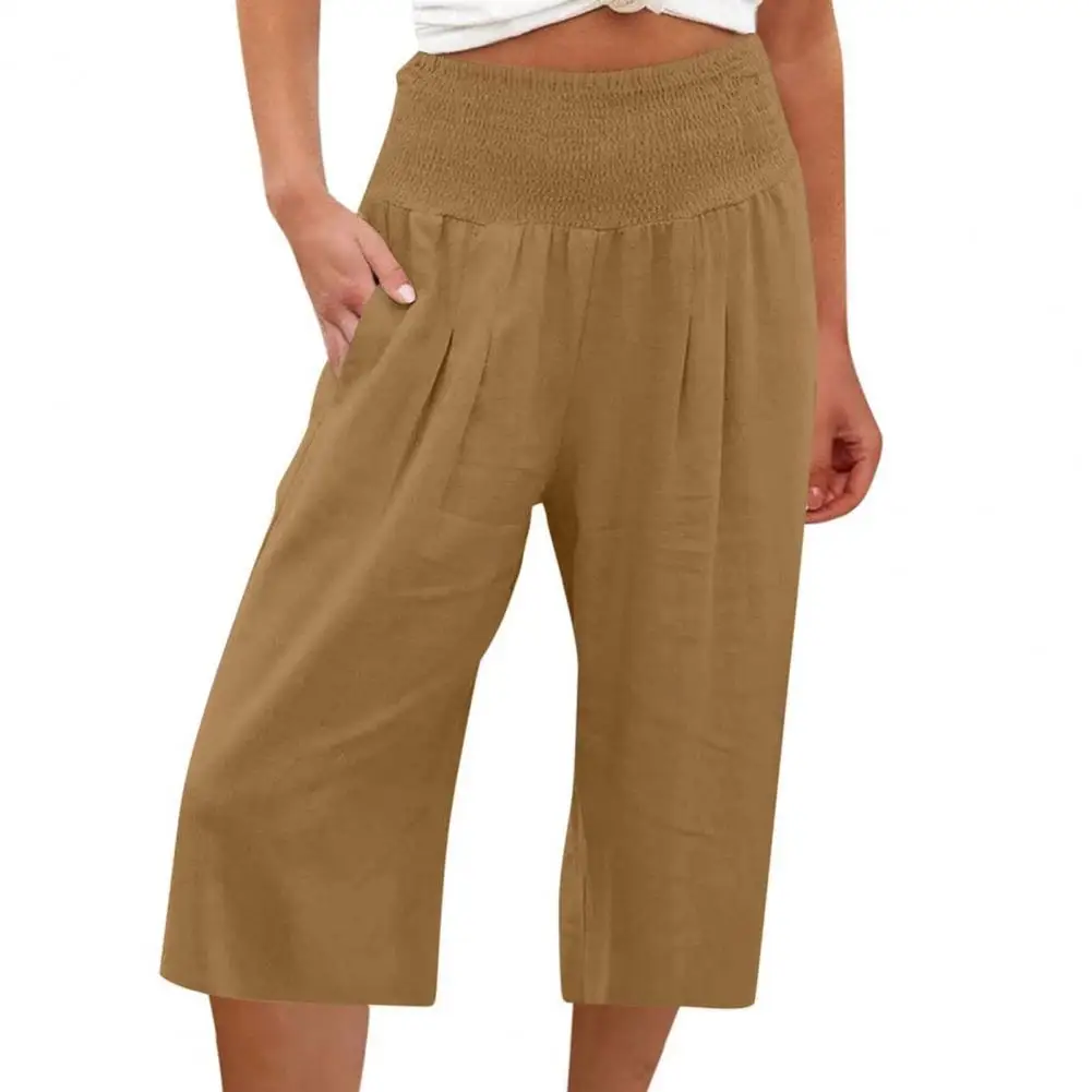 Women Summer Pants Solid Color Elastic Waist Wide Band Loose Breathable Mid-calf Length High Waist Women Cropped Pants