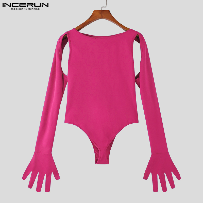 INCERUN Men Bodysuits Solid Color new Hollow Out Sexy O-neck 2025 Gloves Streetwear Long Sleeve Rompers 2023 Irregular Bodysuit S-5XL