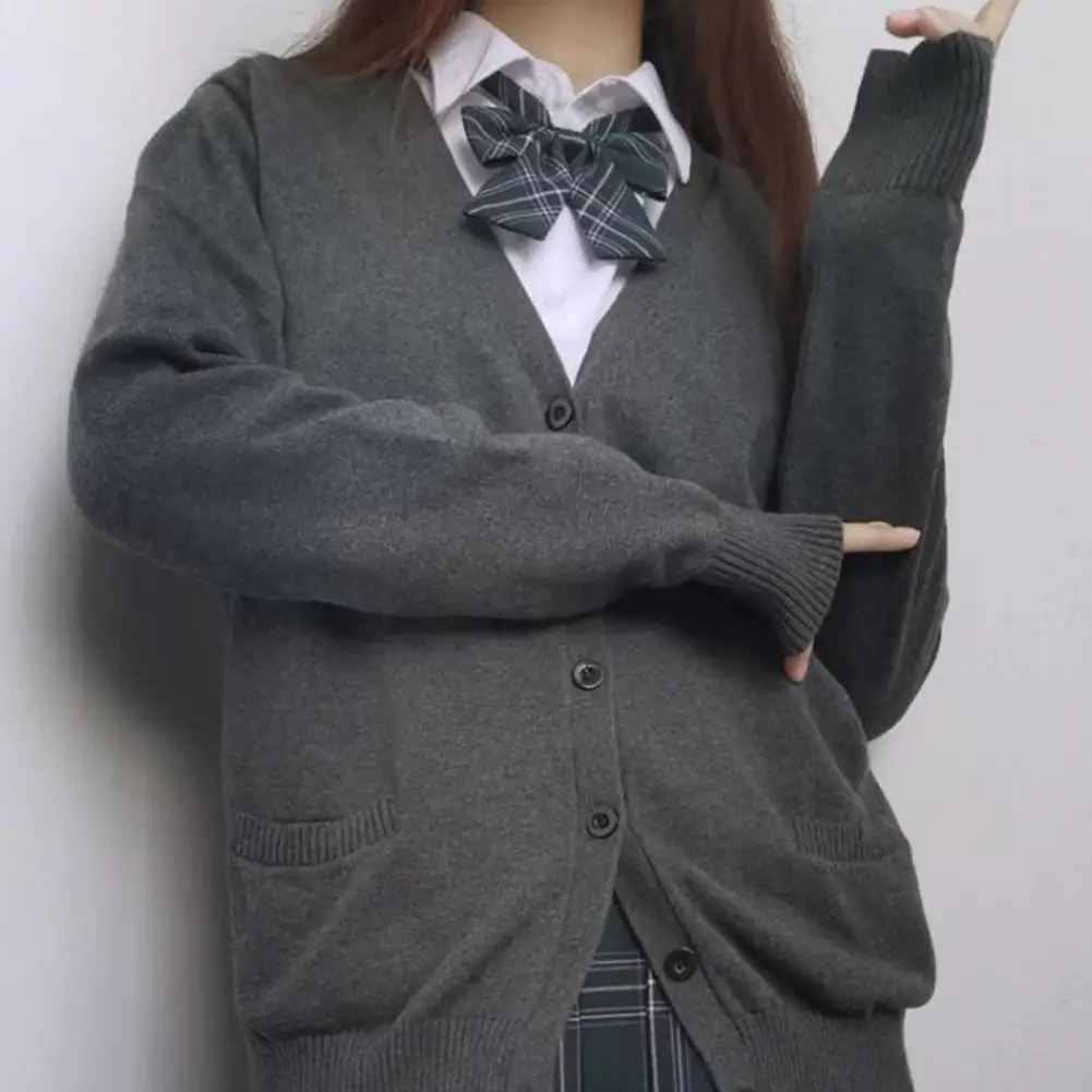 Student Sweater Solid Color Long Sleeve Single-breasted Daily Wear V Neck Preppy Style Sweater Coat For School