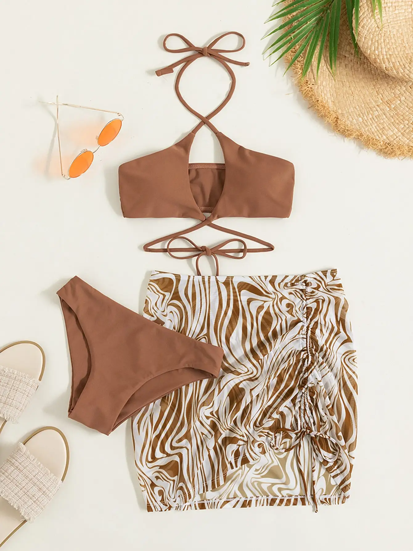 3 Pieces Solid Cross 2025 Bikini Swimsuit & Fluid Patter Beach new Skirt Swimwear Women 2023 Bathing Swimming Suit Female Beachwear