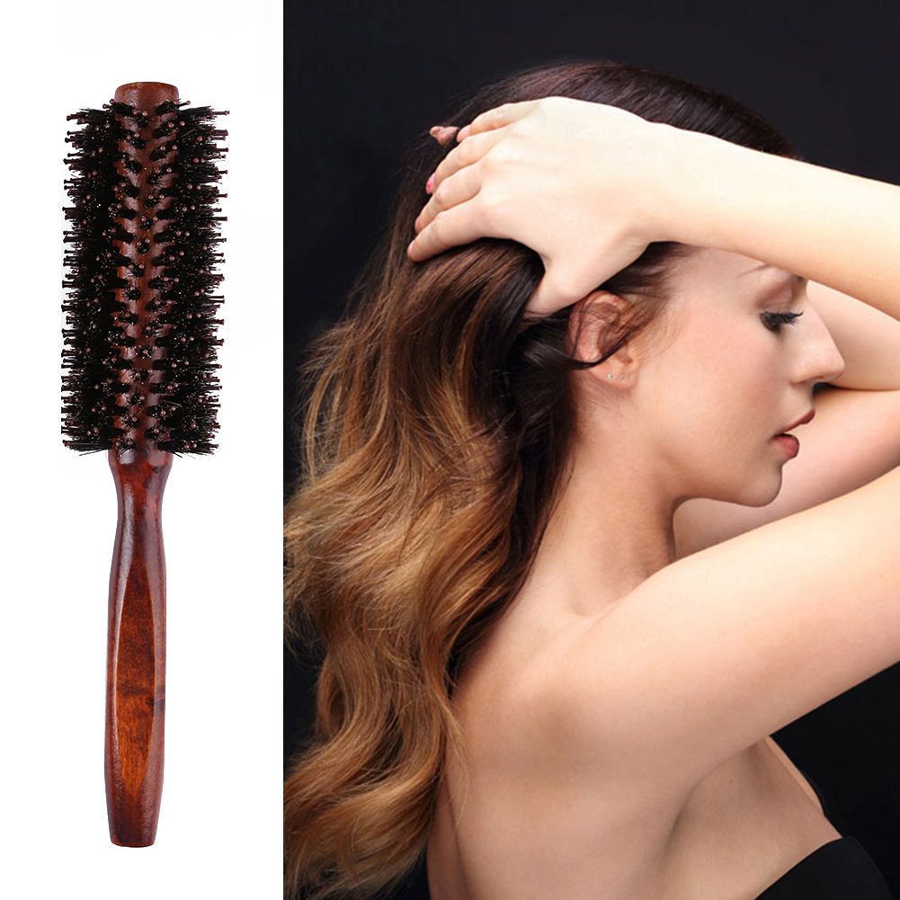 Round Anti-static Curly Comb Twill with Wooden Handle for Hair Styling Curling Tool Portable Bristles Hair Brush Comb