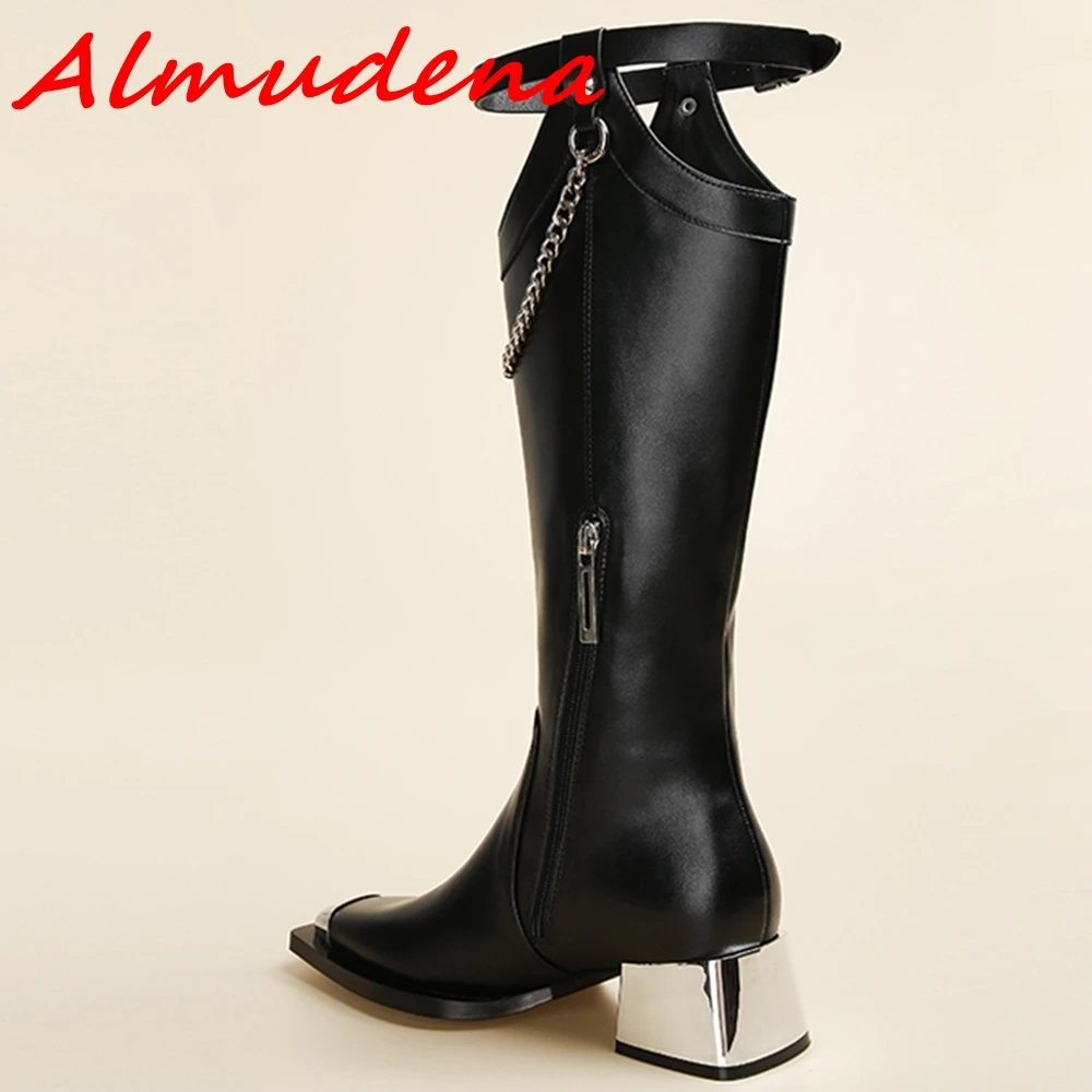 2024 Autumn Winter Chain Black Knee High Boots Metal Toe Sexy Side Zipper Bling Chunky Heels All-Match Casual Party Women Boots