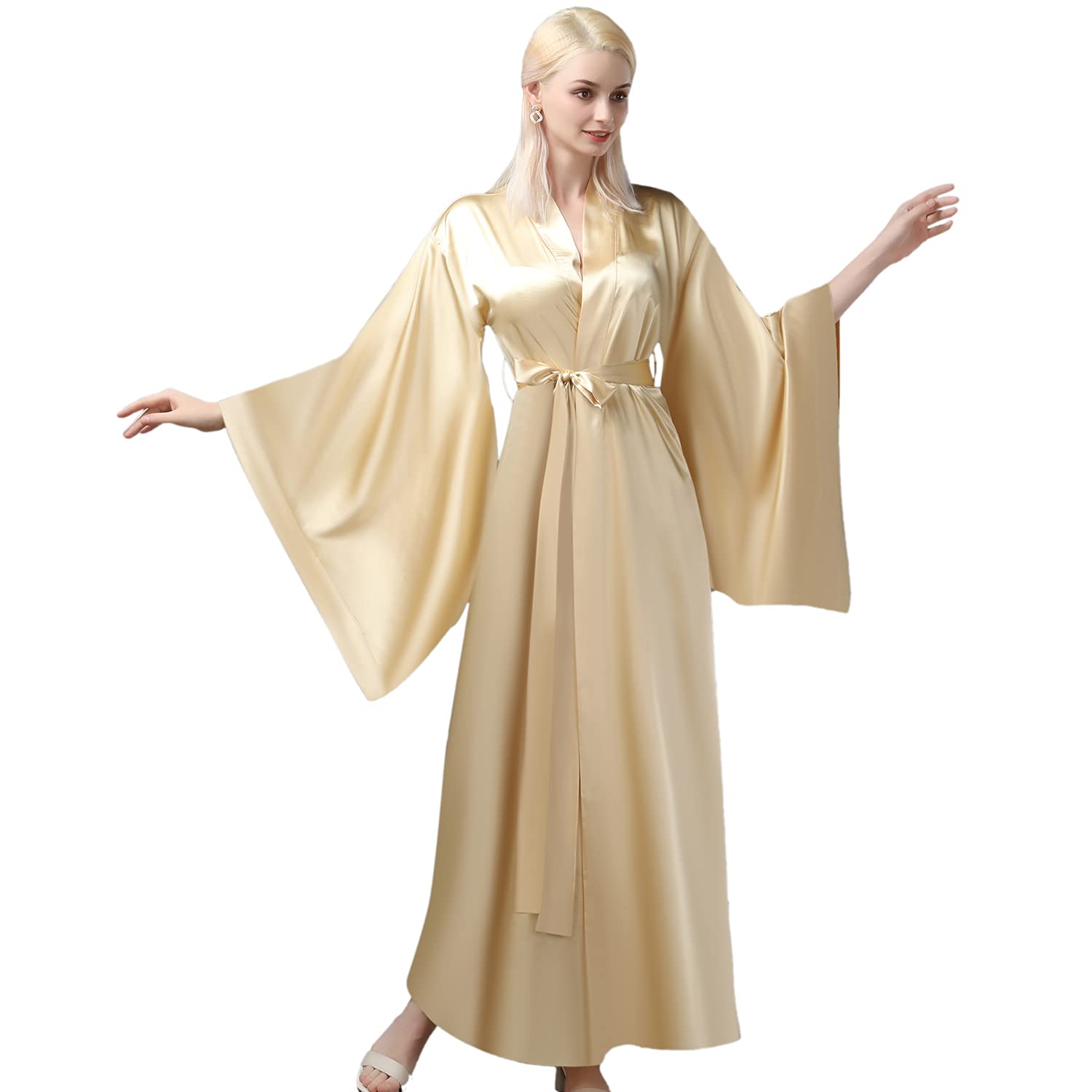 Grace Elastic Silk Like Satin Bath Robe For Women Golden Side Split Strap High Quality Nightgown Dress Plus Size Same As The Picture