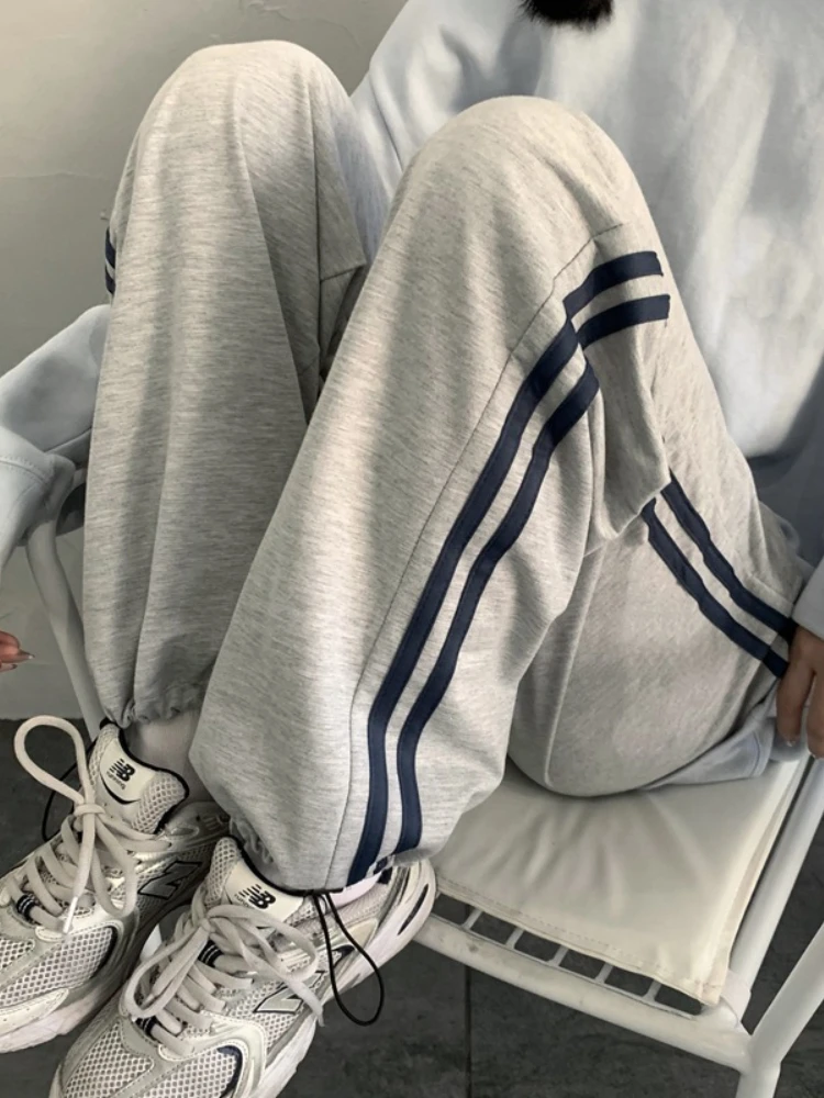 HOUZHOU Casual Sweatpants Women Korean Style Classic Sports Pants Oversize Summer Joggers Baggy Gray Black Striped Wide Trousers